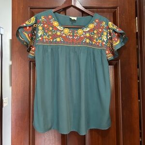 Layerz Clothing Teal Embroidered Boho Peasant Blouse Size M